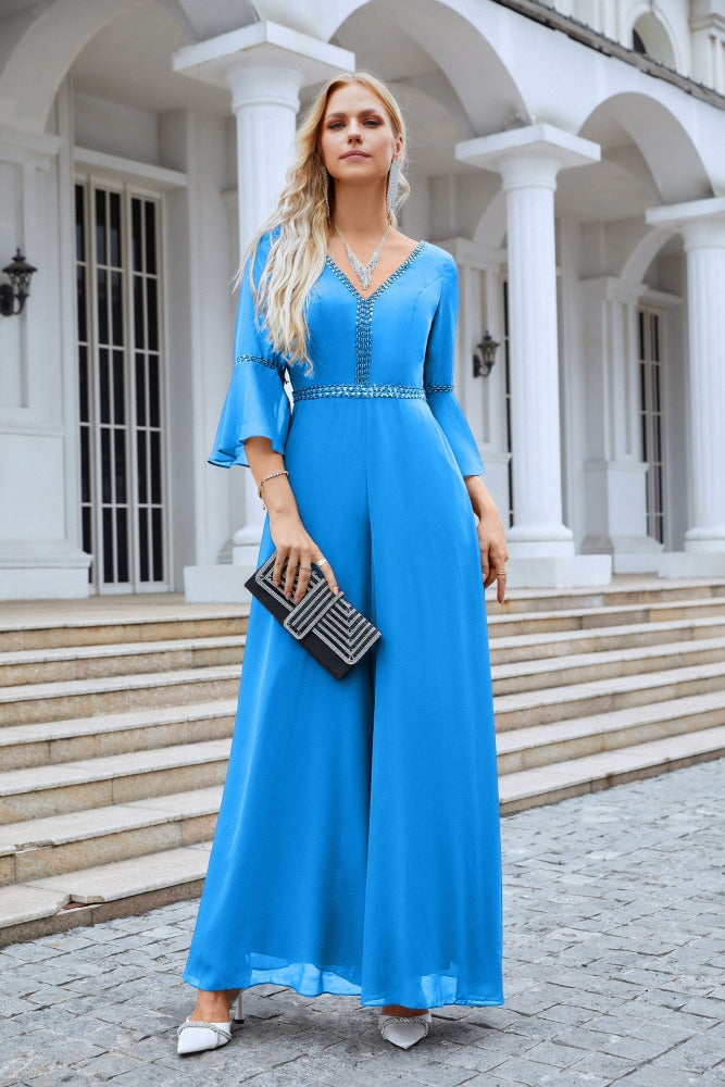 Women's V Neck One Piece Ruffle Sleeve Back Ties Backless Bridesmaid Dresses Prom Wedding Evening Dress 28085-numbersea