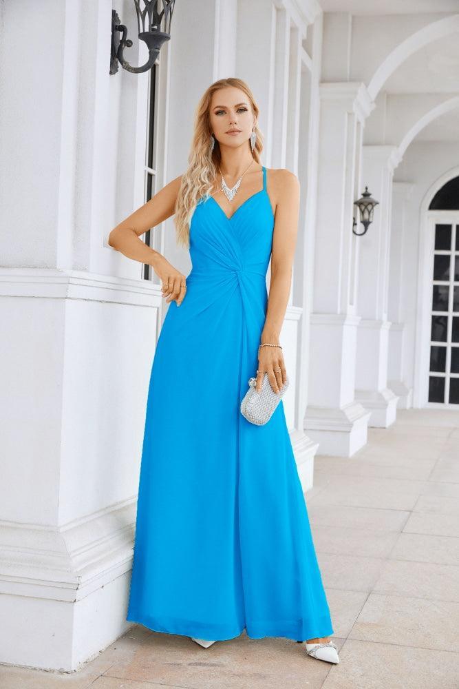 Ladies Chiffon Spaghetti Strap V Neck Front Slit Floor Length Bridesmaid Evening Dress Prom Party Wedding Evening Dress 28116-numbersea
