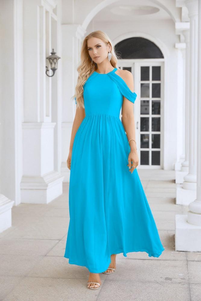 Ladies Chiffon Off Shoulder Swing Sleeve Front Slit Bridesmaid Evening Dress Wedding Party Evening Dress 28117-numbersea