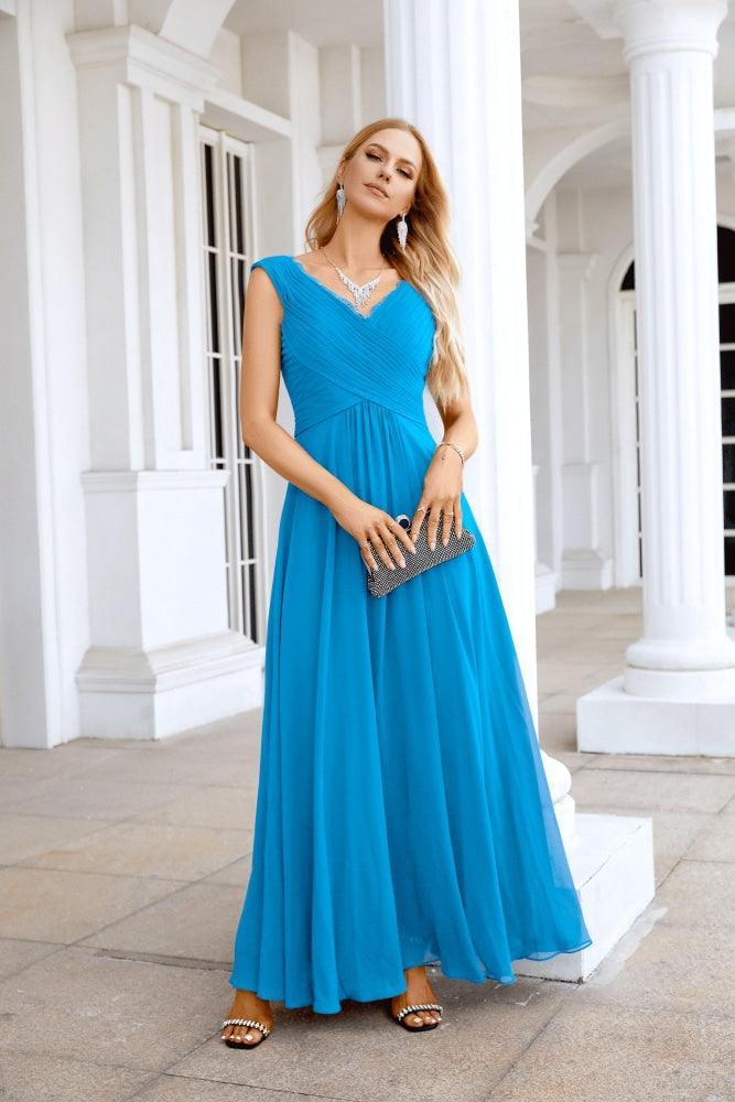 Ladies Chiffon V Neck Sleeveless Floor Length Bridesmaid Evening Dress Wedding Party Evening Dress 28126-numbersea