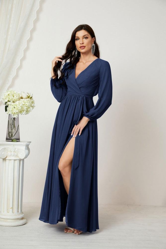 Numbersea Evening Dresses Deep V-Neck Chiffon Bridesmaid Dresses Long Bishop Sleeve Side Split Formal Dress 2806-numbersea