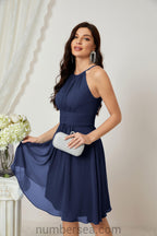 Halter Bridesmaid Dresses Knee Length A Line Formal Evening Party Cocktail Dress 28011 Navy Blue