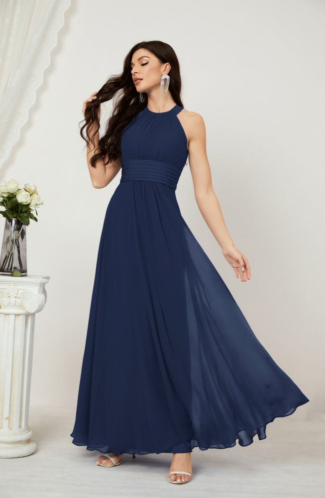 Numbersea Formal Party Gown Dress Chiffon Halter Long Sleeveless Bridesmaid Dresses 2802 Navy Blue