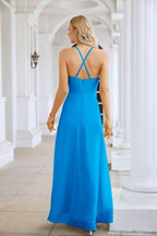 Ladies Chiffon Spaghetti Strap V Neck Front Slit Floor Length Bridesmaid Evening Dress Prom Party Wedding Evening Dress 28116-numbersea