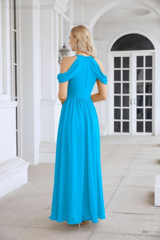 Ladies Chiffon Off Shoulder Swing Sleeve Front Slit Bridesmaid Evening Dress Wedding Party Evening Dress 28117-numbersea