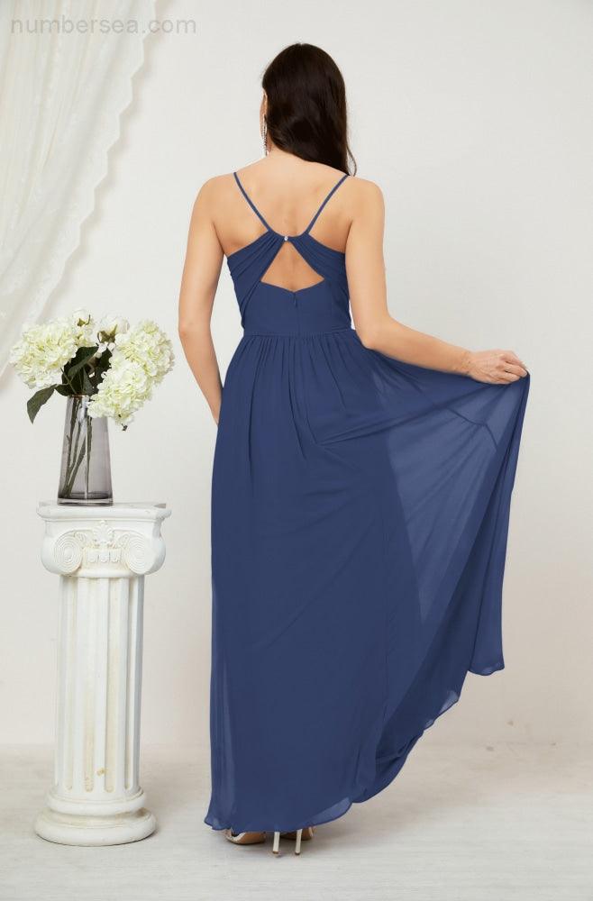 Numbersea Neck Bridesmaid Dresses Chiffon Long Spaghetti A-line Formal Prom Gown for Wedding Party Evening 2801-numbersea