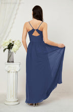 Numbersea Neck Bridesmaid Dresses Chiffon Long Spaghetti A-line Formal Prom Gown for Wedding Party Evening 2801-numbersea