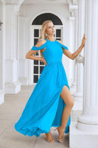 Ladies Chiffon Off Shoulder Swing Sleeve Front Slit Bridesmaid Evening Dress Wedding Party Evening Dress 28117-numbersea
