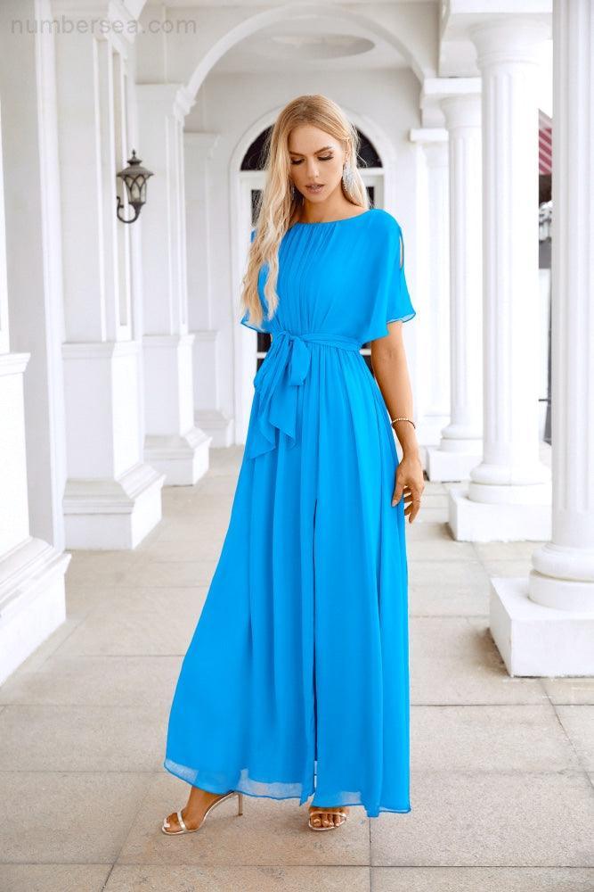 Ladies Chiffon Sleeve Crew Neck Front Slit Floor Length Bridesmaid Evening Dress Wedding Party Evening Dress 28124-numbersea