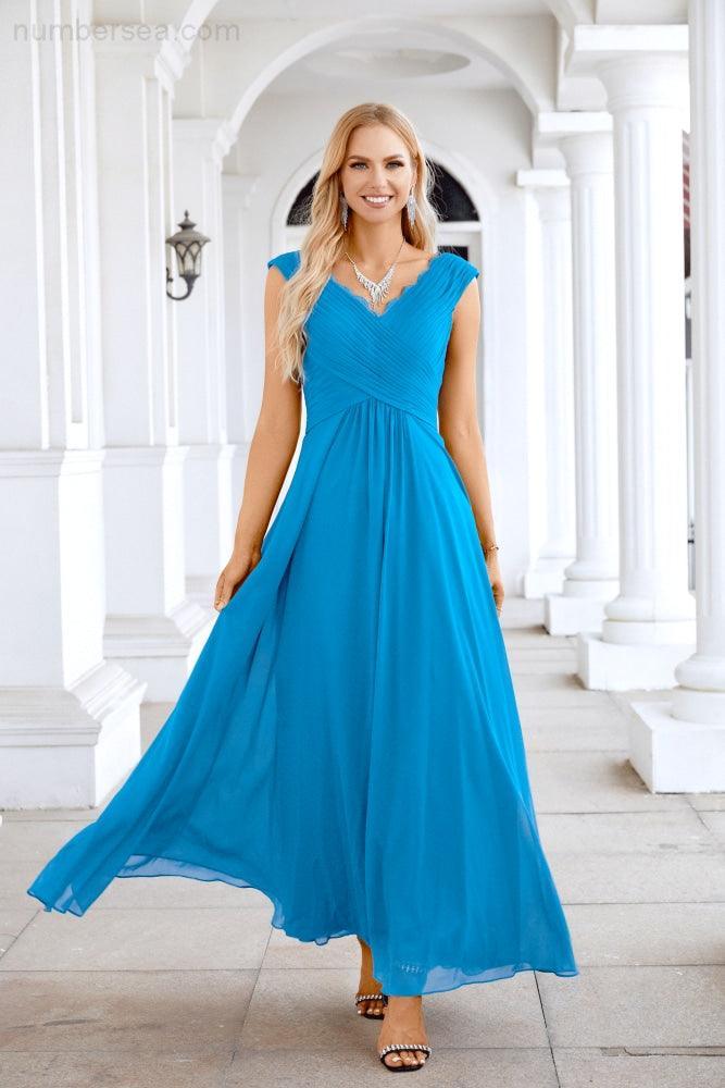 Ladies Chiffon V Neck Sleeveless Floor Length Bridesmaid Evening Dress Wedding Party Evening Dress 28126-numbersea