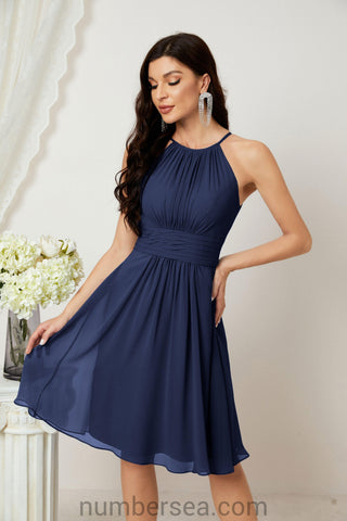 Halter Bridesmaid Dresses Knee Length A Line Formal Evening Party Cocktail Dress 28011