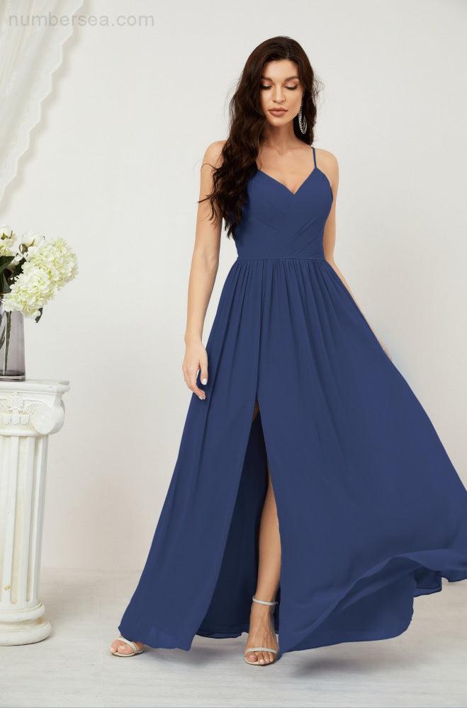 Numbersea Neck Bridesmaid Dresses Chiffon Long Spaghetti A-line Formal Prom Gown for Wedding Party Evening 2801-numbersea