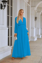 Ladies V Neck Chiffon Long Sleeve Front Slit Bridesmaid Evening Dress Wedding Party Shopping Evening Dress 28109-numbersea