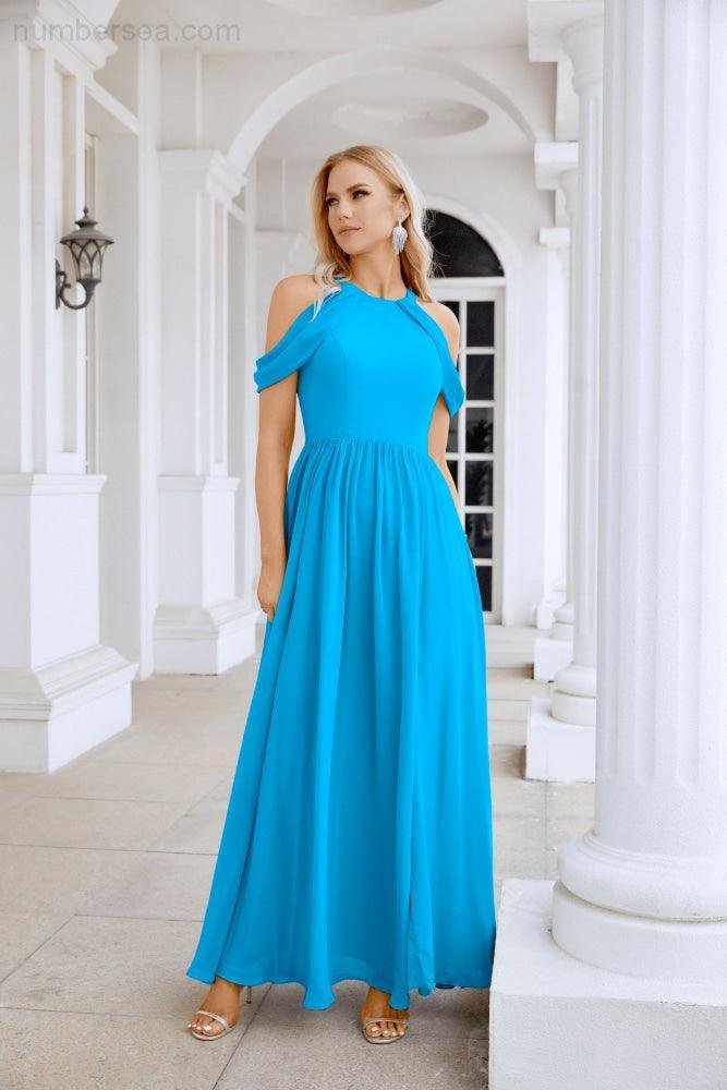 Ladies Chiffon Off Shoulder Swing Sleeve Front Slit Bridesmaid Evening Dress Wedding Party Evening Dress 28117-numbersea