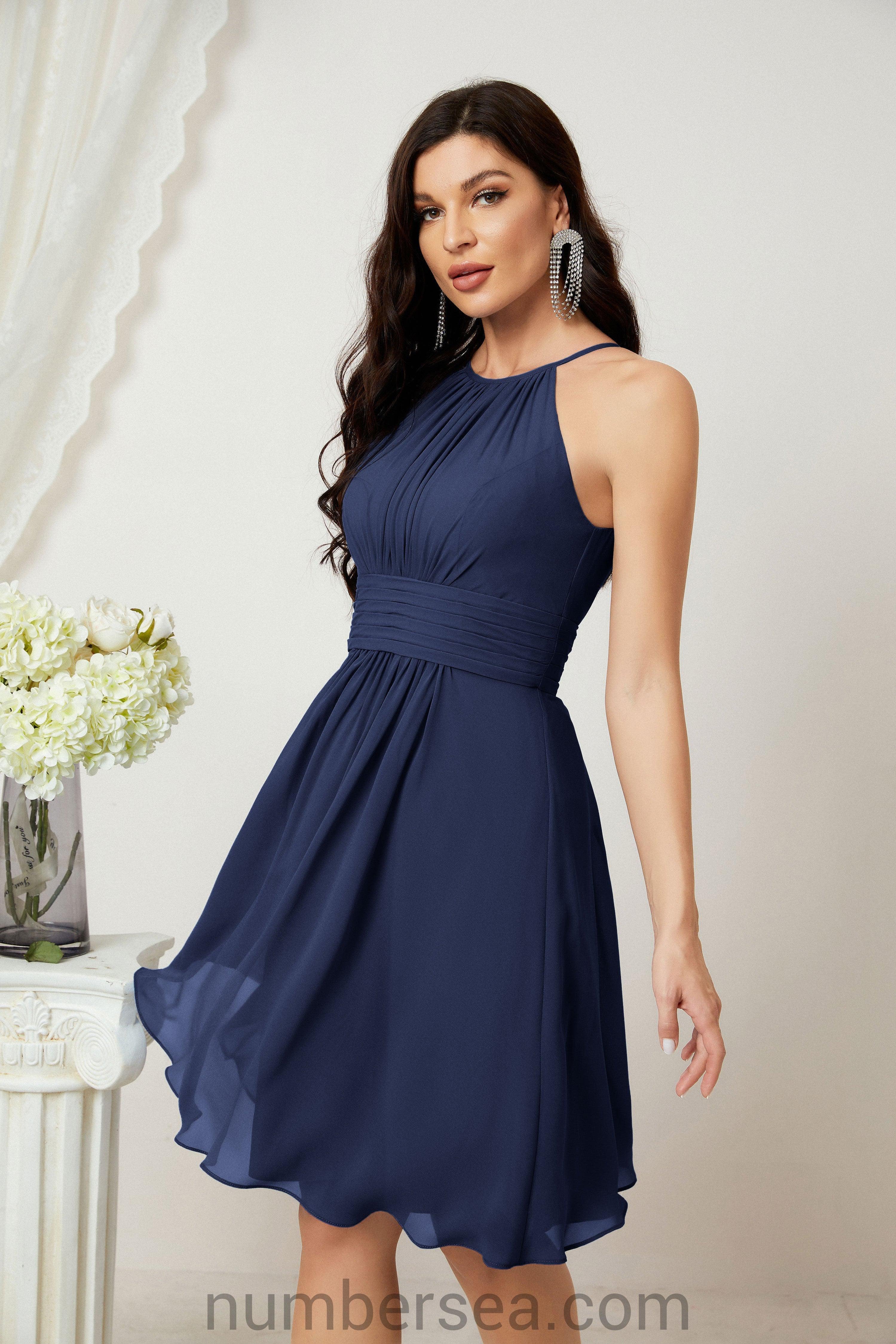 Halter Bridesmaid Dresses Knee Length A Line Formal Evening Party Cocktail Dress 28011
