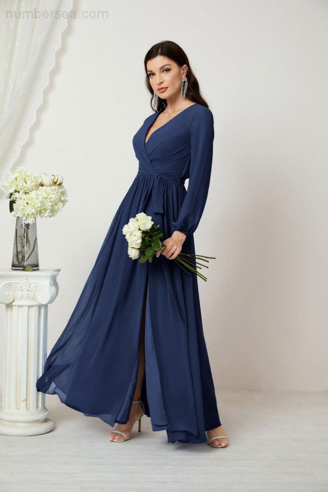 Numbersea Evening Dresses Deep V-Neck Chiffon Bridesmaid Dresses Long Bishop Sleeve Side Split Formal Dress 2806-numbersea