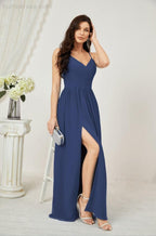 Numbersea Neck Bridesmaid Dresses Chiffon Long Spaghetti A-line Formal Prom Gown for Wedding Party Evening 2801-numbersea