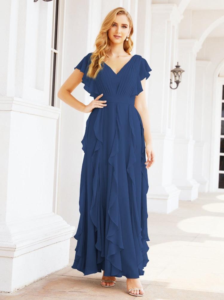 Ruffled Bridesmaid Dresses with Sleeves Long Formal Party Dress 28041-numbersea
