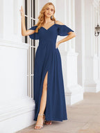 Numbersea Cold Shoulder Long Bridesmaid Dresses Side Slit Formal Prom Gowns Party Wedding 28070-numbersea