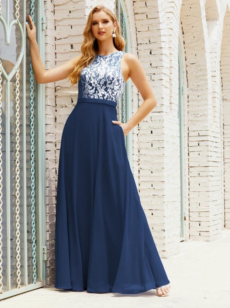Lace Bridesmaid Dress Floor Length Evening Gowns with Pockets 28017-numbersea