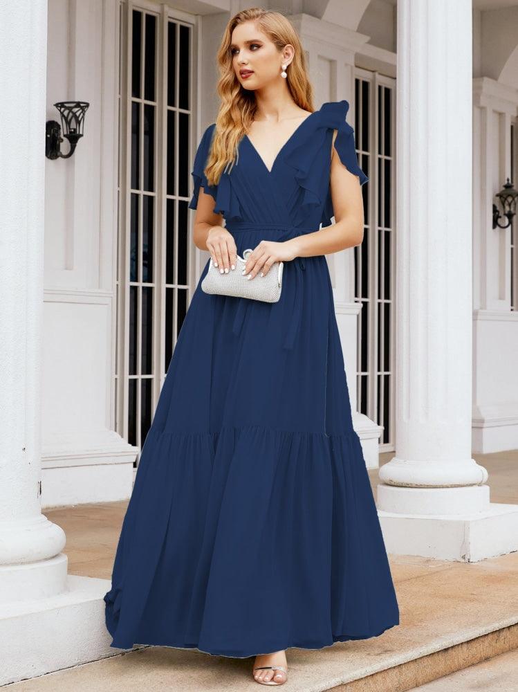 Numbersea Women's Open Back Formal Evening Party Prom Gowns V-Neck Long Chiffon Bridesmaid Dresses with Waist Belt 28038-numbersea