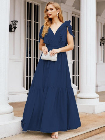 Numbersea Women's Open Back Formal Evening Party Prom Gowns V-Neck Long Chiffon Bridesmaid Dresses with Waist Belt 28038-numbersea