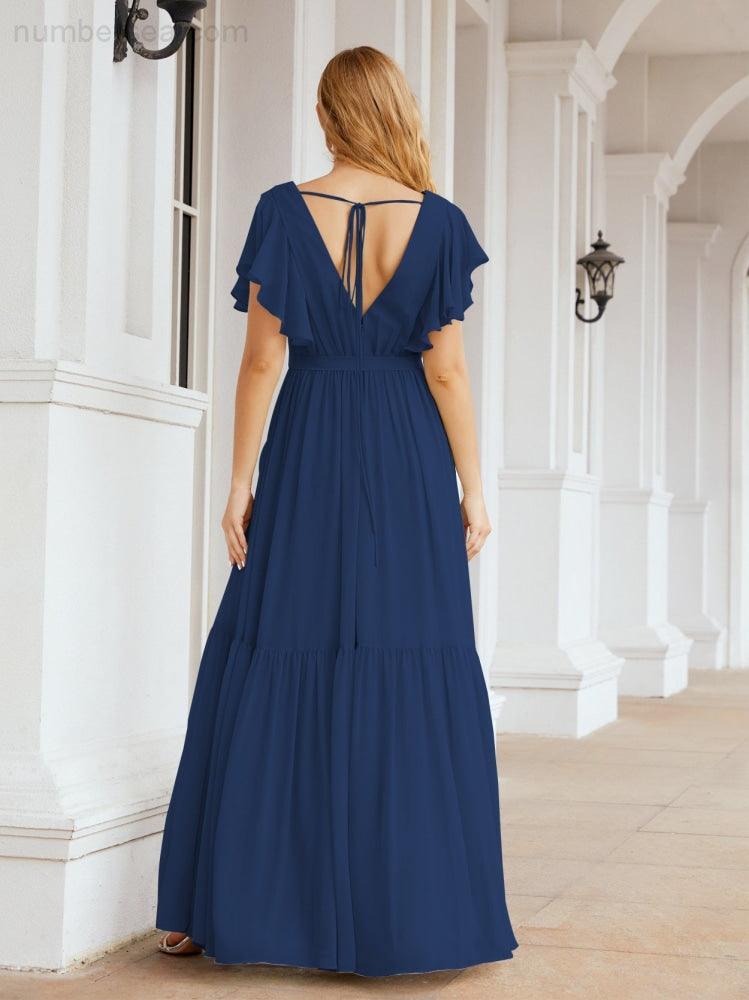 Numbersea Women's Open Back Formal Evening Party Prom Gowns V-Neck Long Chiffon Bridesmaid Dresses with Waist Belt 28038-numbersea