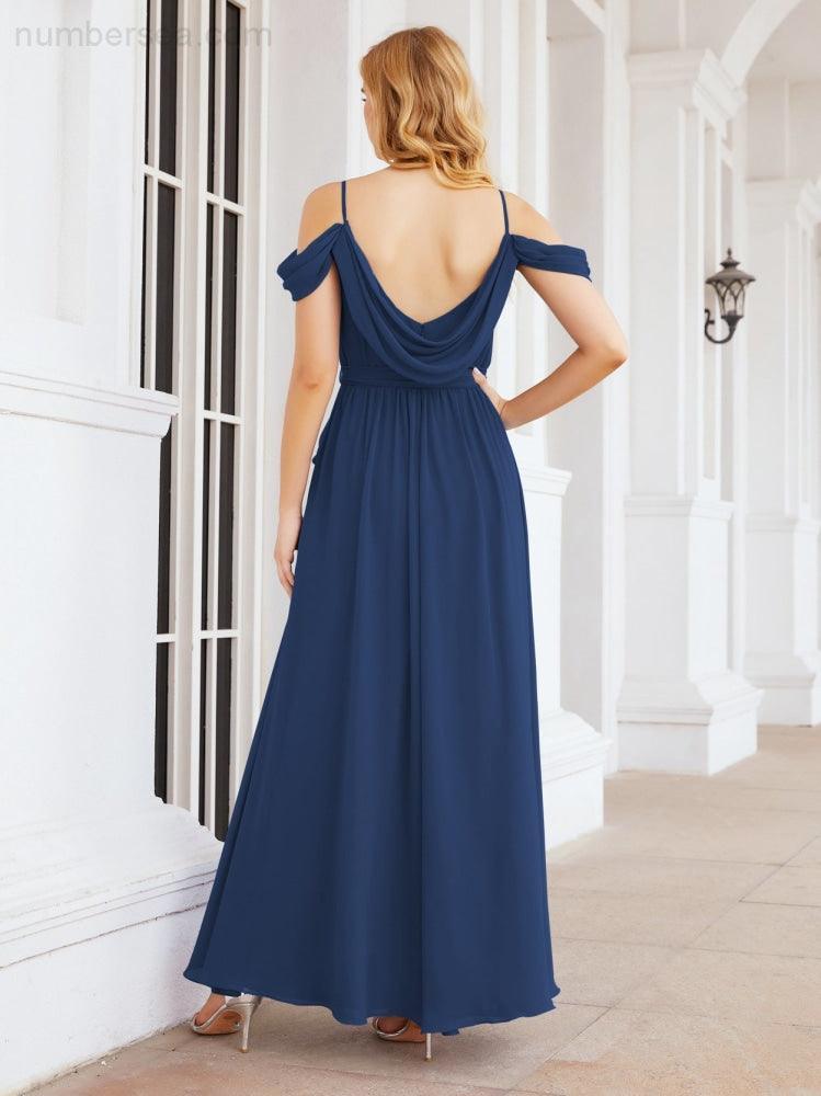 Numbersea Off The Shoulder Chiffon Bridesmaid Dress Long Formal Graduation Gown with Cowl Back 28069-numbersea
