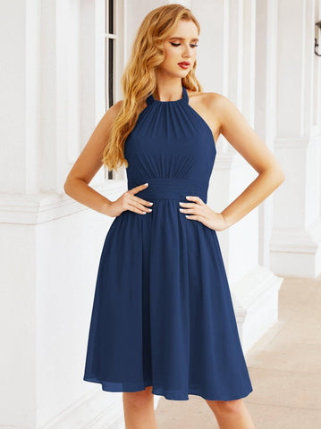 Numbersea Halter Chiffon Vestidos de dama de honor Cortos Sin mangas Vestido de fiesta formal Espalda abierta 28023 