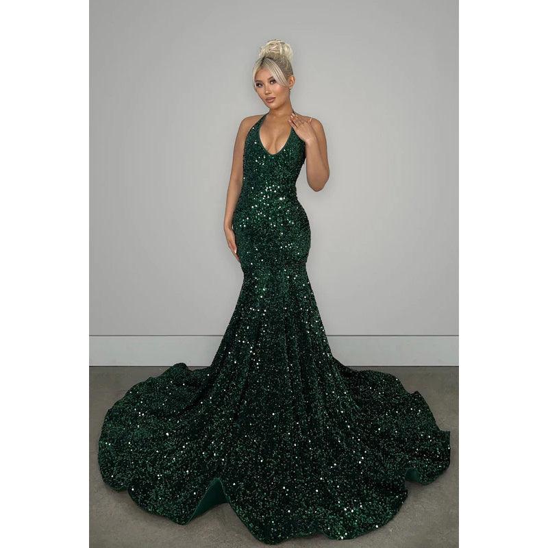 Vestido de noche largo de sirena con escote en V, espalda descubierta, lentejuelas y cola larga