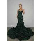 Vestido de noche largo de sirena con escote en V, espalda descubierta, lentejuelas y cola larga