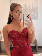 Vestido de fiesta tubo sin tirantes escote corazón largo con abertura