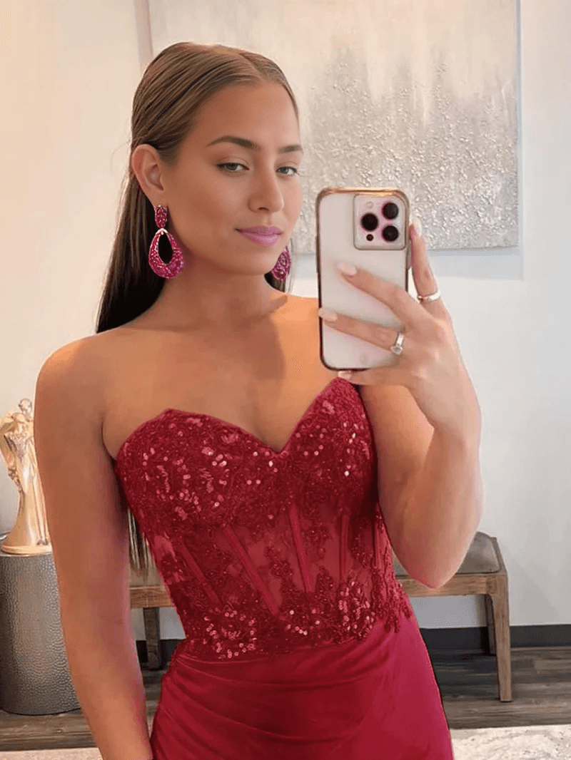 Vestido de fiesta tubo sin tirantes escote corazón largo con abertura