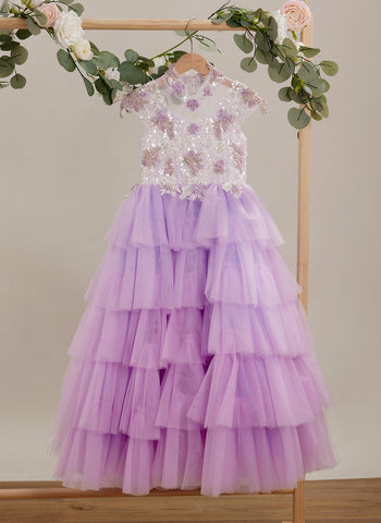 Lila Prinzessinnen-Ballkleid aus Tüll mit Blumenapplikationen und Perlen für Mädchen 