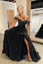 Vestido de fiesta de corte A con escote en forma de corazón, de tul escalonado y largo con abertura