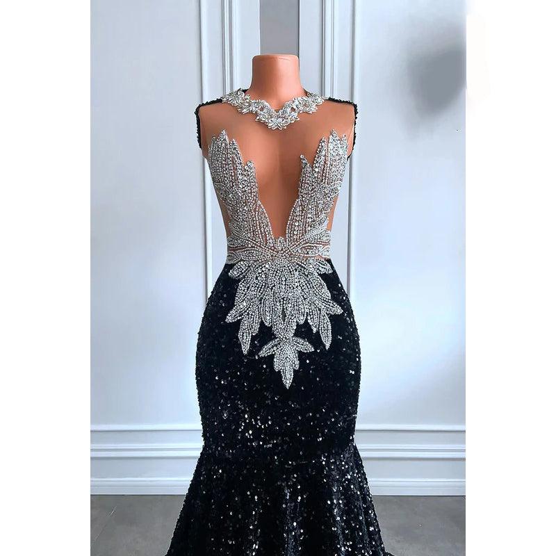 Glamouröses und dramatisches Mermiad Abendkleid mit tiefem V-Ausschnitt, ärmellos und Pailletten