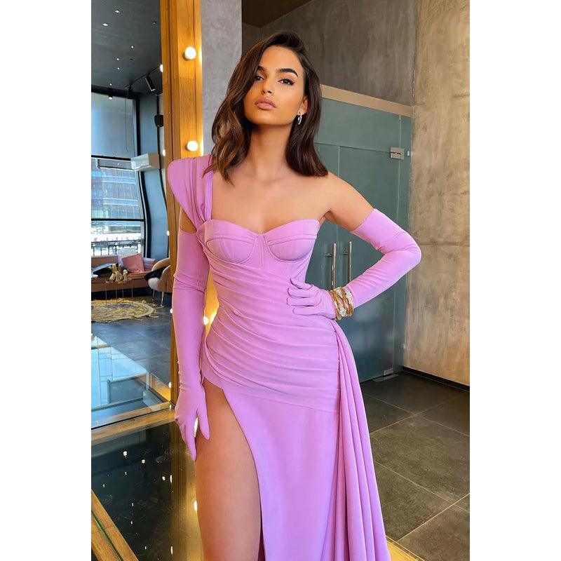 Sweetheart One Shoulder Ruched Sheath Long Prom Evening Gown