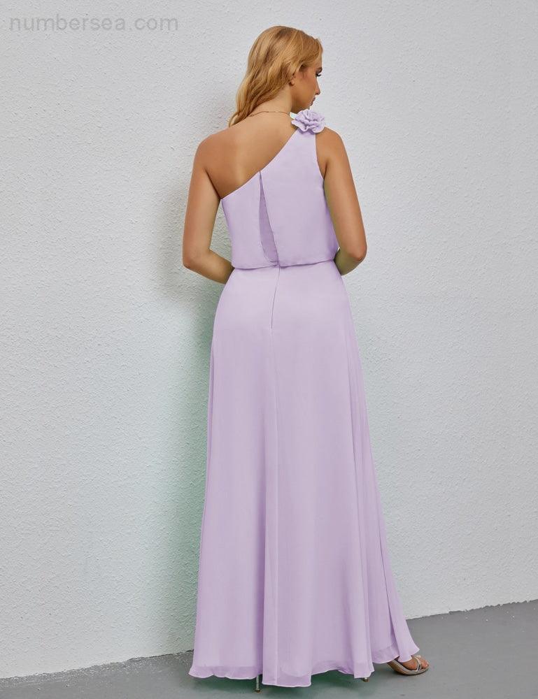 Ruffled One Shoulder Sleeveless Long Bridesmaid Dresses A-line Formal Evening Gown Side Split 28080-numbersea