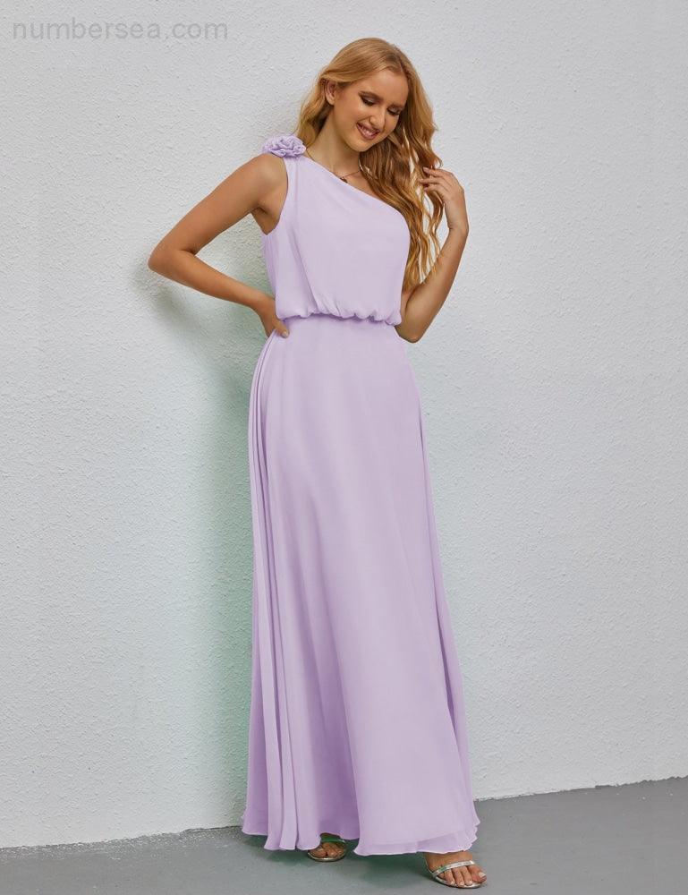 Ruffled One Shoulder Sleeveless Long Bridesmaid Dresses A-line Formal Evening Gown Side Split 28080-numbersea