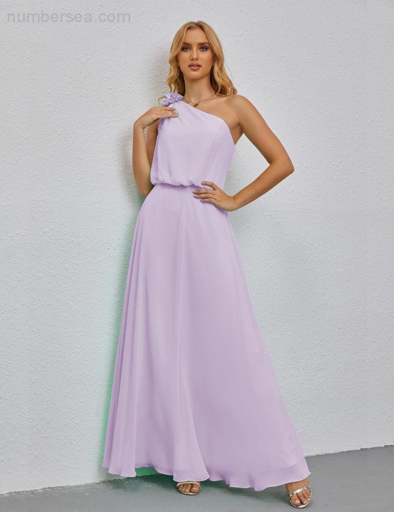 Ruffled One Shoulder Sleeveless Long Bridesmaid Dresses A-line Formal Evening Gown Side Split 28080-numbersea