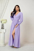Numbersea Evening Dresses Deep V-Neck Chiffon Bridesmaid Dresses Long Bishop Sleeve Side Split Formal Dress 2806-numbersea