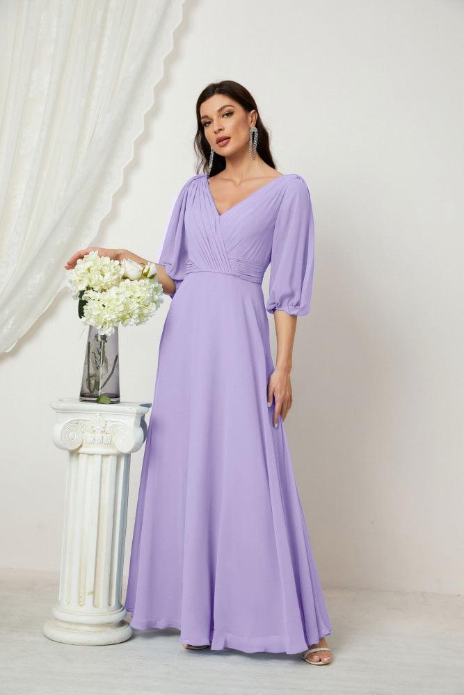Numbersea Formal Prom Gown Women V-Neck Chiffon Bridesmaid Dresses Long Bishop Sleeve Party Dress 2807-numbersea