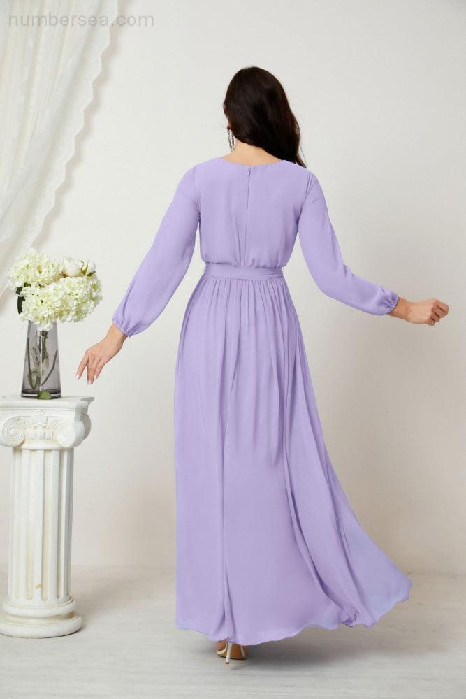 Numbersea Evening Dresses Deep V-Neck Chiffon Bridesmaid Dresses Long Bishop Sleeve Side Split Formal Dress 2806-numbersea
