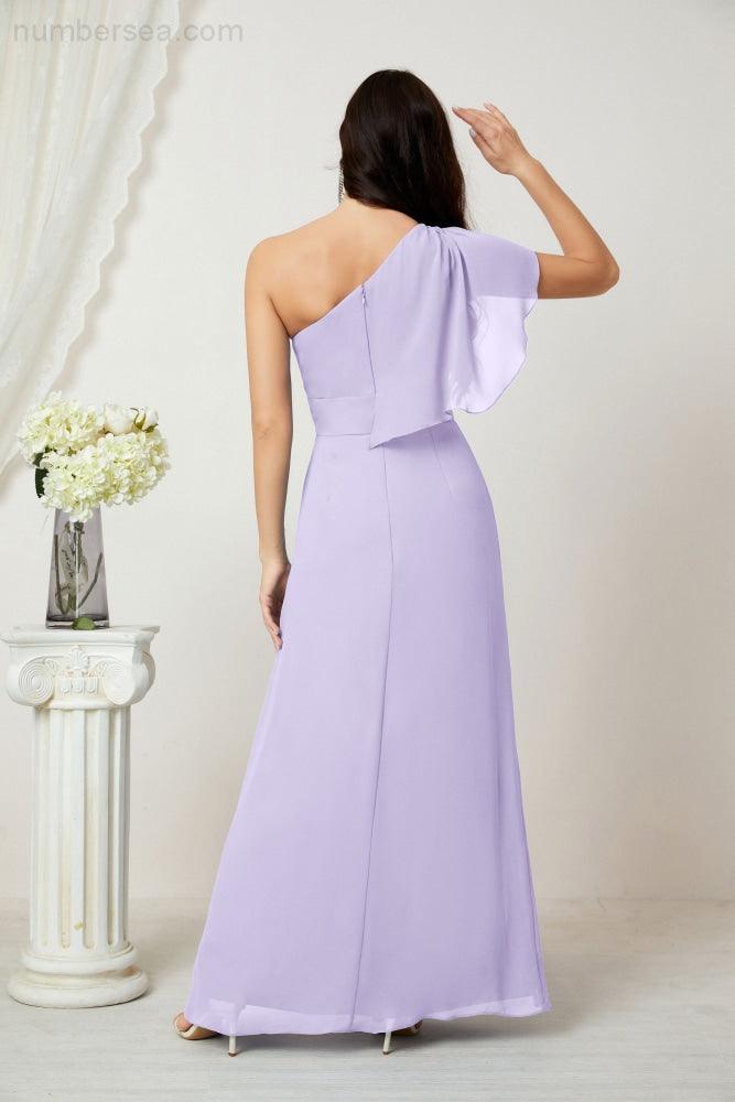 Numbersea Chiffon Ruffled One Shoulder Long Bridesmaid Dresses A-line Formal Evening Gown Side Split 2809-numbersea