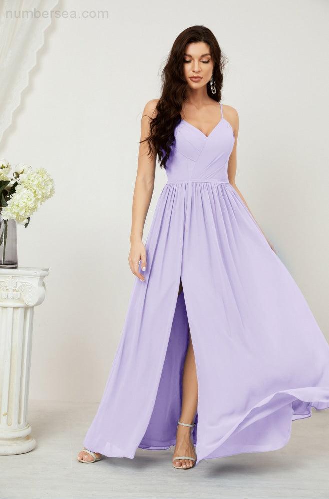Numbersea Neck Bridesmaid Dresses Chiffon Long Spaghetti A-line Formal Prom Gown for Wedding Party Evening 2801-numbersea