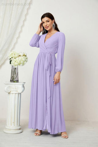 Numbersea Evening Dresses Deep V-Neck Chiffon Bridesmaid Dresses Long Bishop Sleeve Side Split Formal Dress 2806-numbersea