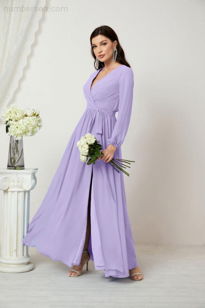 Numbersea Evening Dresses Deep V-Neck Chiffon Bridesmaid Dresses Long Bishop Sleeve Side Split Formal Dress 2806-numbersea