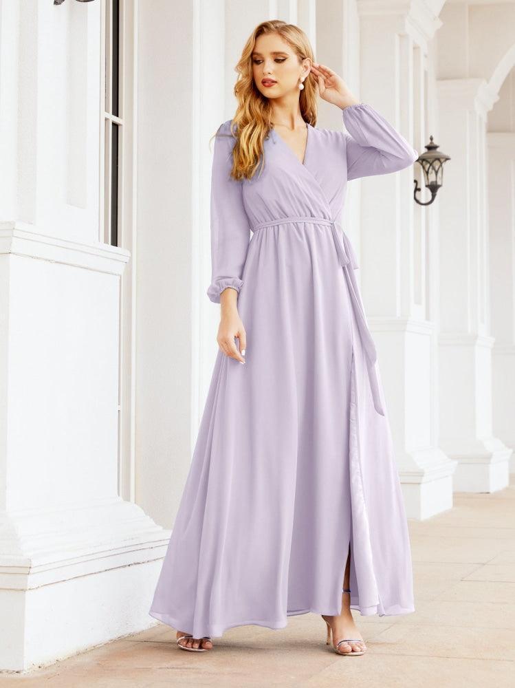 Numbersea Women's Chiffon Bridesmaid Dress A line Long Sleeves Formal Evening Prom Gown for Wedding Guest 28032-numbersea