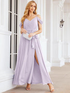 Numbersea Off The Shoulder Chiffon Bridesmaid Dress Long Formal Graduation Gown with Cowl Back 28069-numbersea