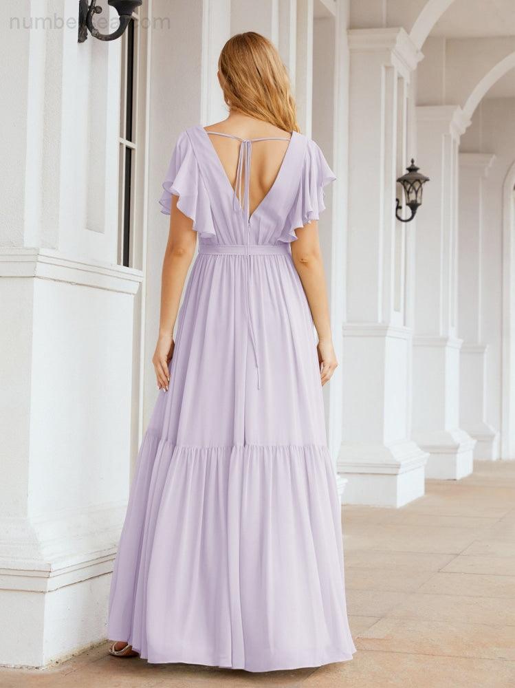 Numbersea Women's Open Back Formal Evening Party Prom Gowns V-Neck Long Chiffon Bridesmaid Dresses with Waist Belt 28038-numbersea